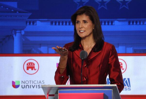 Republican presidential candidate former U.N. Ambassador Nikki Haley delivers remarks during the FOX Business Republican Primary Debate at the Ronald Reagan Presidential Library in Simi Valley, Calif., on Sept. 27, 2023. (Justin Sullivan/Getty Images)
