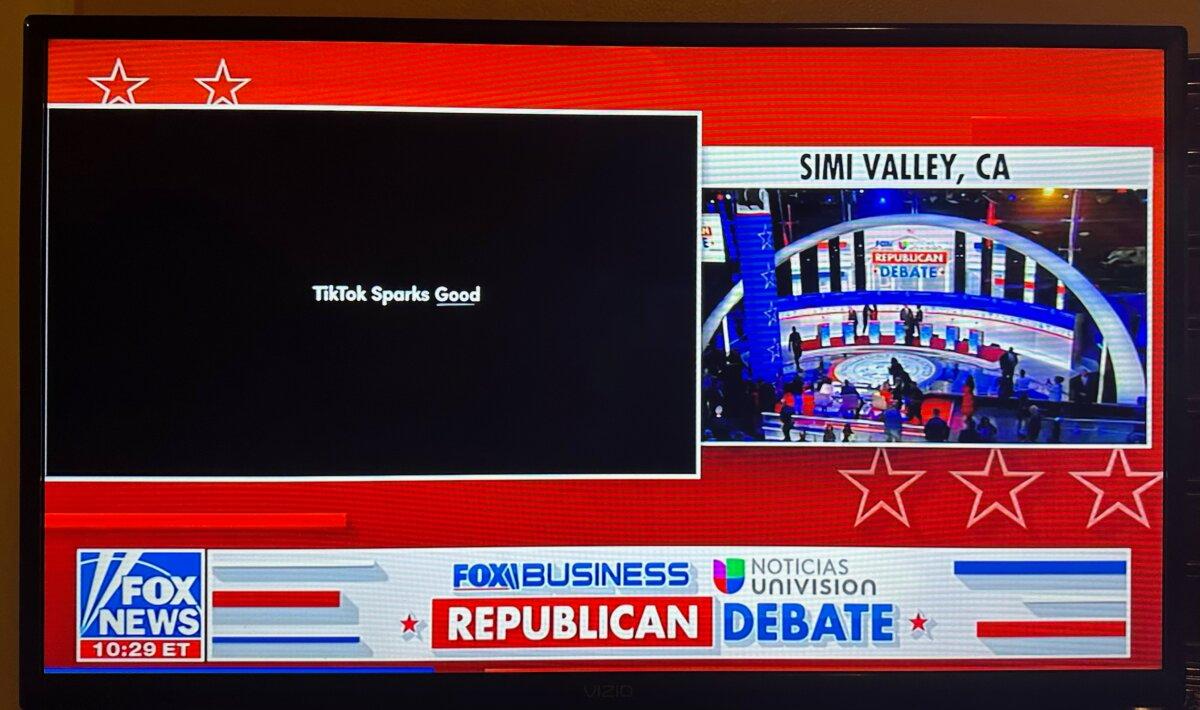  A TikTok ad is aired on Fox News during the FOX Business Republican Primary Debate at the Ronald Reagan Presidential Library in Simi Valley, Calif., on Sept. 27, 2023. (Screenshot via The Epoch Times)