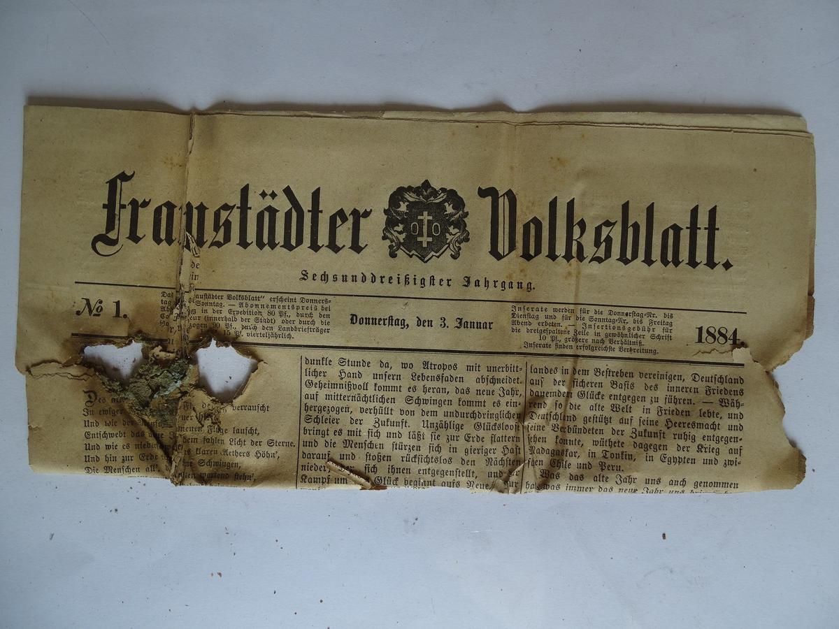A newspaper from 1884 was found inside the time capsule. (Courtesy of Marcin Pechacz)