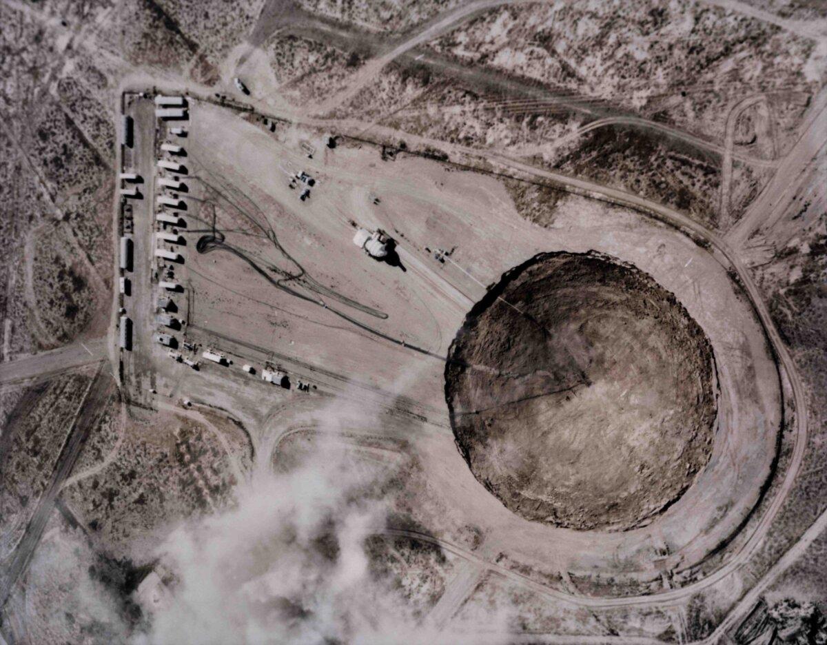  An aerial view of the subsidence crater formed by the Huron King underground nuclear test in Nevada on June 24, 1980. (FPG/Archive Photos/Getty Images)