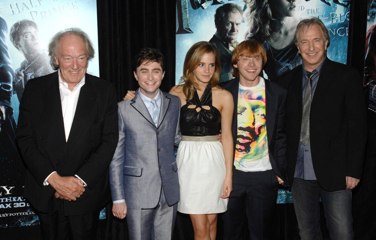 (L–R) Michael Gambon, Daniel Radcliffe, Emma Watson, Rupert Grint, and Alan Rickman attend the premiere of "Harry Potter and the Half Blood Prince" in New York on July 9, 2009. (Peter Kramer/AP Photo)