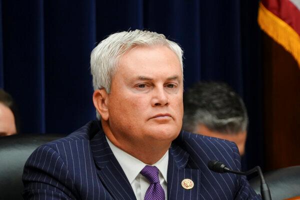 Rep. James Comer (R-Ky.), chairman of the House Oversight Committee, listens during a hearing for an impeachment inquiry into President Joe Biden in Washington, on Sept. 28, 2023. (Madalina Vasiliu/The Epoch Times)