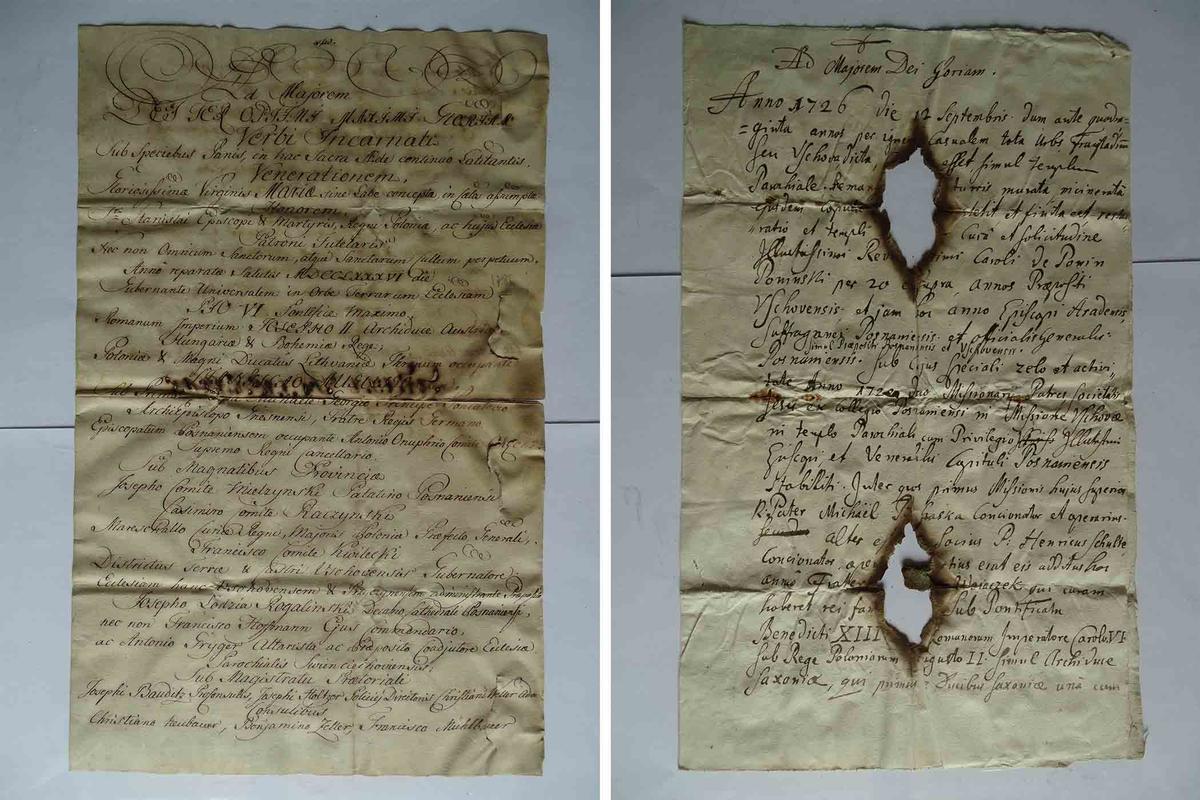 (Left) A letter from 1786 was found inside the 18th-century time capsule; (Right) A letter written in Latin dated 1726 was also found inside the casket. (Courtesy of Marcin Pechacz)