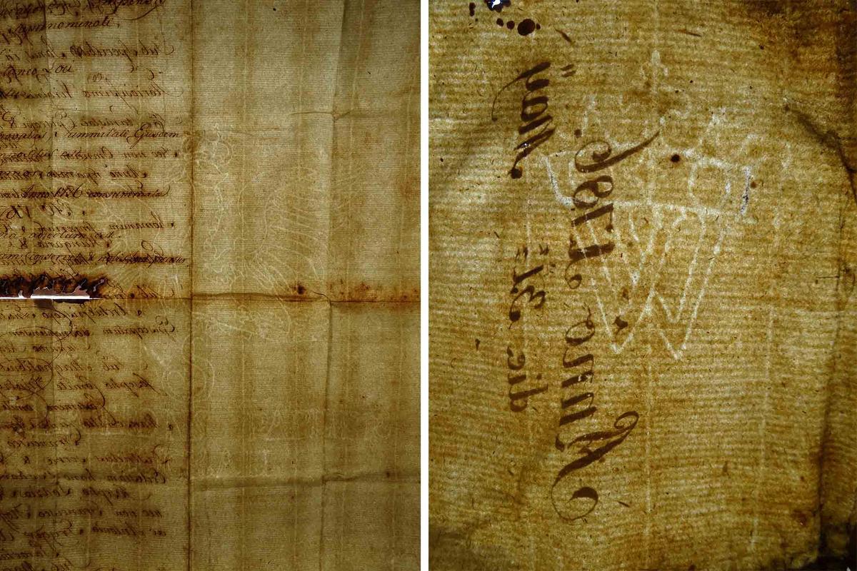 Watermarks are seen on documents found inside the time capsule, believed to have been placed there nearly 300 years ago. (Courtesy of Marcin Pechacz)