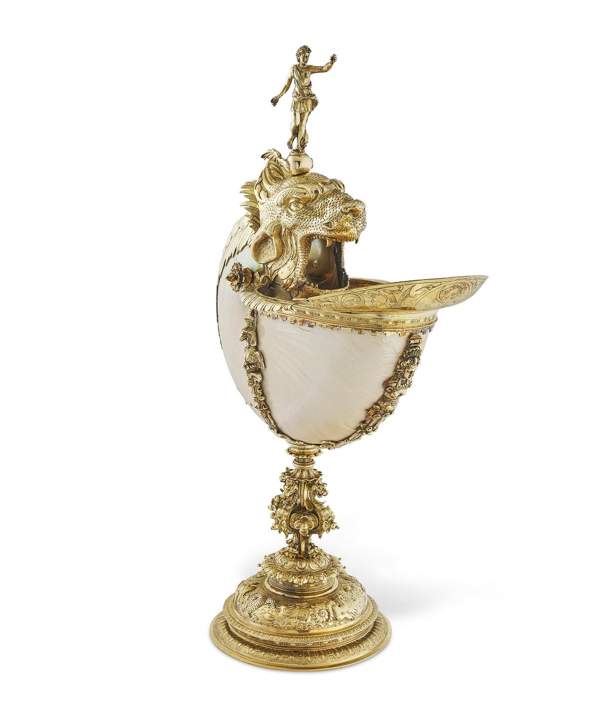 A Dutch silver-gilt mounted nautilus cup, 1607, attributed to Cornelis Jansz van der Burch. (Christie’s Images Limited 2023)