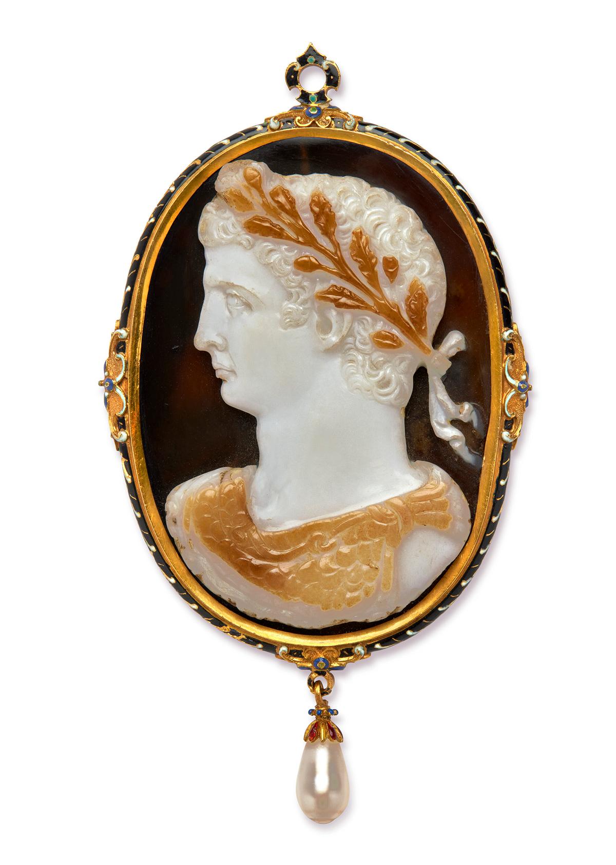 “A Roman Sardonyx Cameo Portrait of the Emperor Claudius” circa A.D. 41–54, with the mount attributed to Daniel Mignot, circa 1593–1596. (Christie’s Images Limited 2023)
