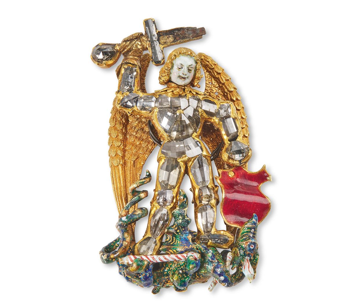 “A French Renaissance Diamond-Set and Enameled Gold Badge of Saint Michael and the Dragon,” 16th century, by a French artist from Tours. (Christie’s Images Limited 2023)