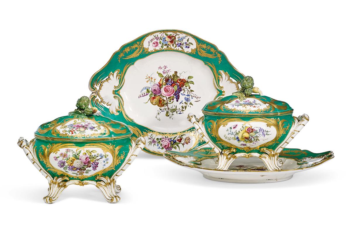 "A Pair of Sèvres Porcelain Green-Ground Oval Tureens, Covers and Stands (Terrines et Plateaux)," circa 1762, by Sèvres Porcelain Factory in France. (Christie’s Images Limited 2023)