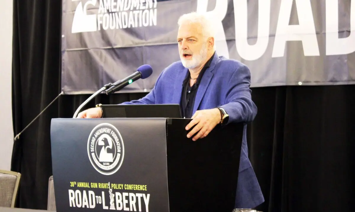 Chuck Michel, president of the California Rifle and Pistol Association, addresses the Gun Rights Policy Conference in Phoenix on Sept. 23, 2023. (Michael Clements/The Epoch Times)