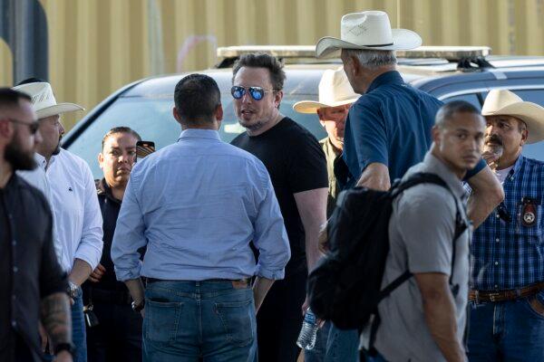 Tech entrepreneur Elon Musk with Rep. Tony Gonzales (R-Texas) while visiting the Texas-Mexico border in Eagle Pass, Texas, on Sept. 28, 2023. (John Moore/Getty Images)