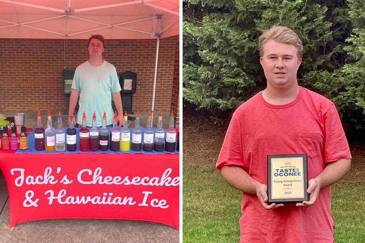 Jack Leach, 19, mans a table for his business (L) and holds a Young Entrepreneur Award (R) won from Taste Oconee cooking competition. (Courtesy of Jack's Cheesecake)