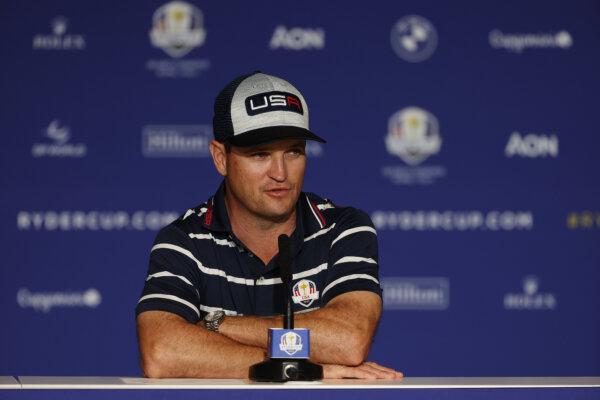  Zach Johnson, Captain of Team United States speaks in a press conference following the Friday afternoon fourball matches of the 2023 Ryder Cup at Marco Simone Golf Club in Rome, Italy, on Sept. 29, 2023. (Jamie Squire/Getty Images)
