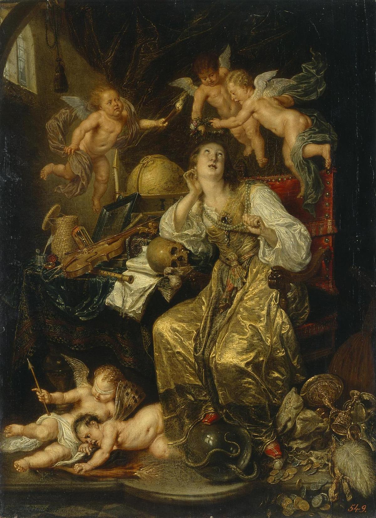 "Allegory of Prudence Triumphing Over Vanity (Allegory of Faith)," 1651–90, by David Teniers the Younger. Oil on panel. Hermitage Museum, Saint Petersburg, Russia. (Public Domain)