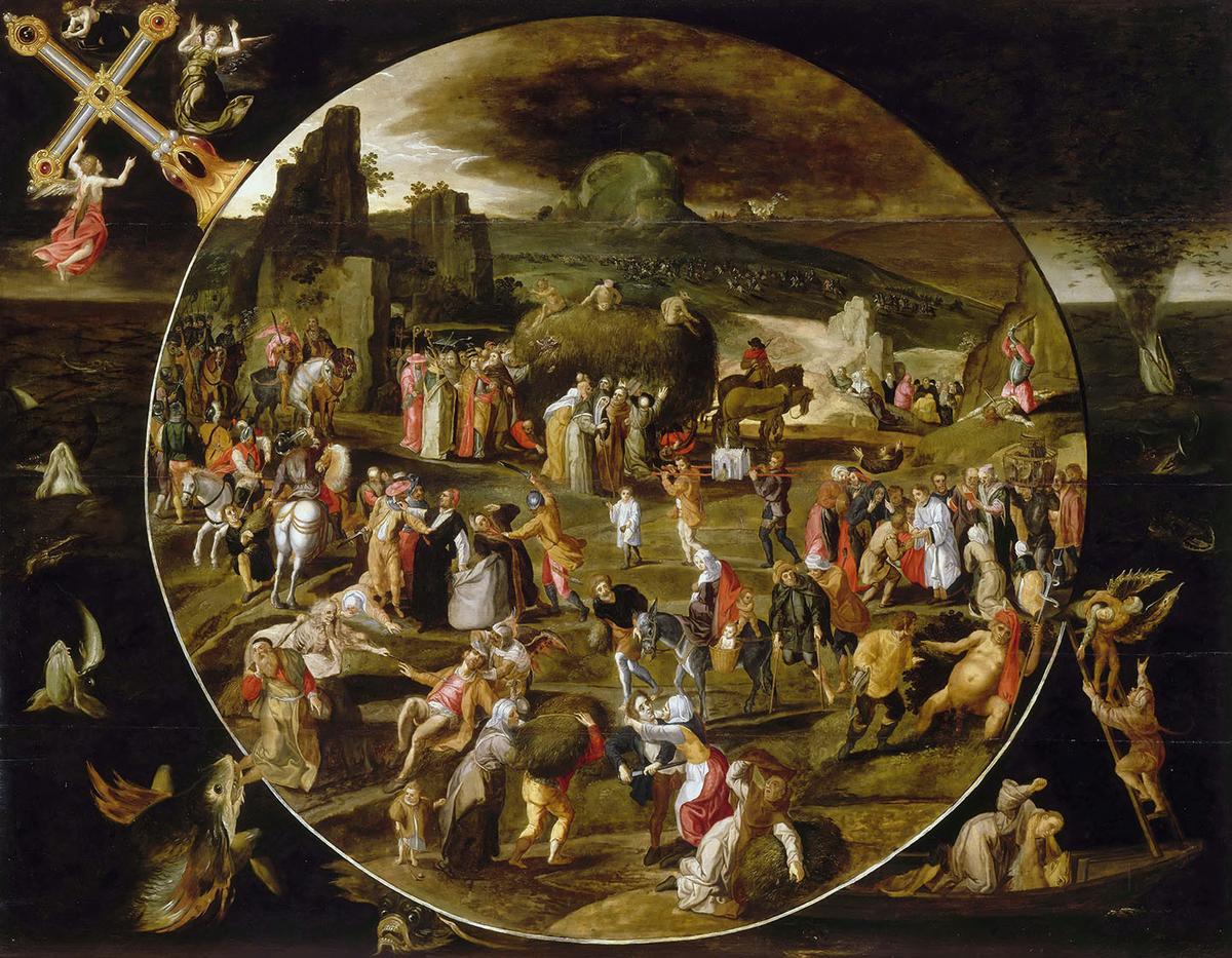 The painting depicts all of mankind, from the emperor to the peasants, being obsessed with straw—a metaphor for worthless pursuits. "Allegory of the Vanity of the World," 16th century, from the workshop of Gillis Mostaert. Oil on panel. The Louvre Museum, Paris. (Public Domain)