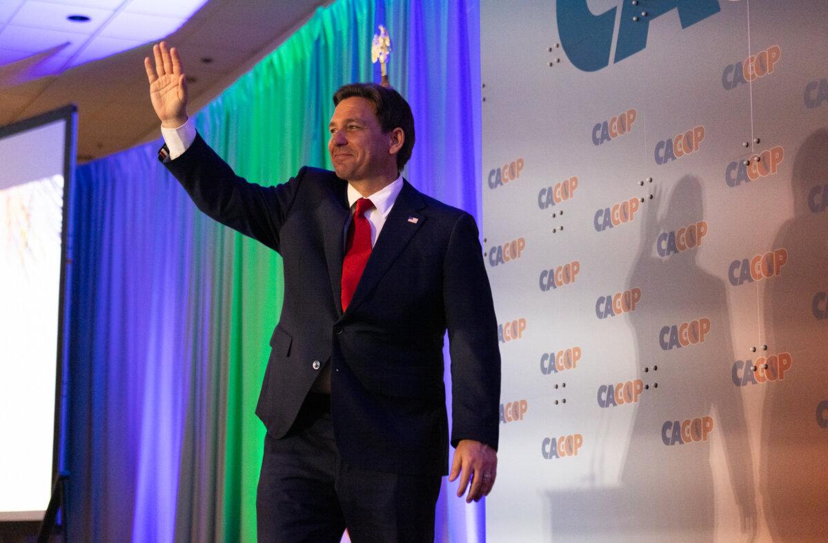 Florida Governor and presidential candidate Ron DeSantis speaks at the 2023 CA GOP conference in Anaheim, Calif., on Sept. 29, 2023. (John Fredricks/The Epoch Times)