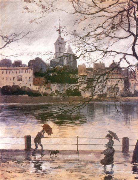 “Ray Embankment in Basel in the Rain,” 1896, by Alexandre Benois. (Public Domain)