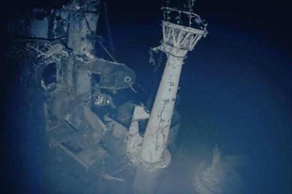 The aircraft crane of the carrier USS Yorktown still stands at the aft end of the ship's island on Sept. 10, 2023. (Ocean Exploration Trust/NOAA via AP)