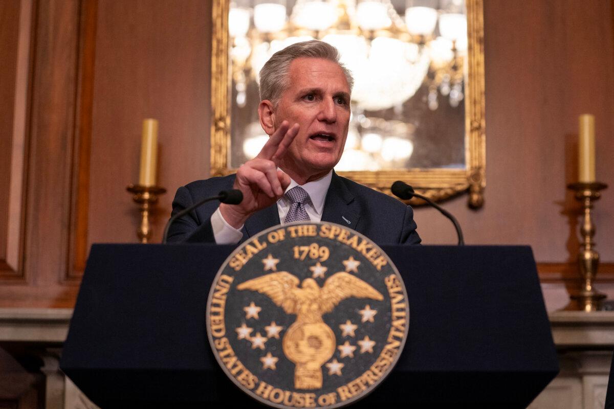 House Speaker Kevin McCarthy, R-Calif., speaks with reporters following passage in the House of a 45-day continuing resolution, in Washington, on Sept. 30, 2023. (Nathan Howard/Getty Images)