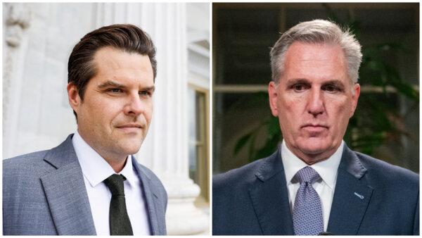 (Left) Rep. Matt Gaetz (R-Fla.) departs from the U.S. Capitol Building in Washington on Sept. 29, 2023. (Anna Moneymaker/Getty Images), (Right) House Speaker Kevin McCarthy (R-Calif.) speaks with members of the media following a meeting of the Republican House caucus in Washington, on Sept. 30, 2023. (Nathan Howard/Getty Images)