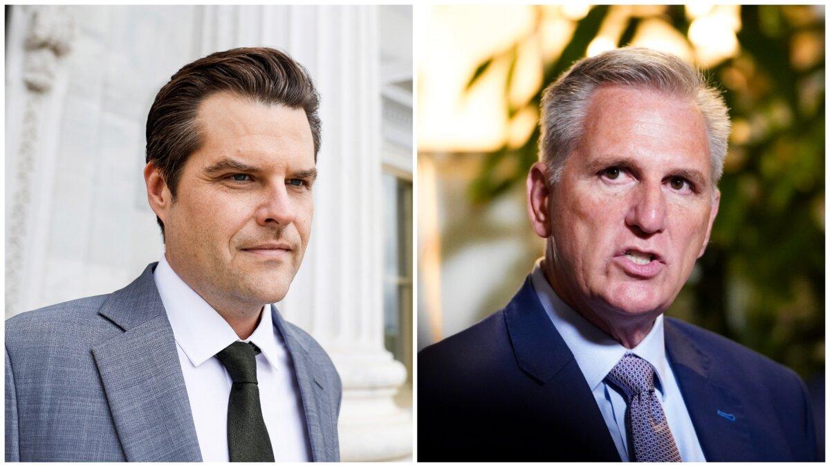 (Left) Rep. Matt Gaetz (R-Fla.) departs from the U.S. Capitol Building in Washington on Sept. 29, 2023. (Anna Moneymaker/Getty Images), (Right) House Speaker Kevin McCarthy (R-Calif.) speaks with reporters on Capitol Hill in Washington on Sept. 19, 2023. (Madalina Vasiliu/The Epoch Times)