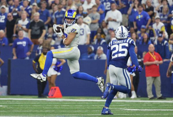  Puka Nacua (17) of the Los Angeles Rams catches a pass against Rodney Thomas II (25) of the Indianapolis Colts during the second half at Lucas Oil Stadium in Indianapolis on Oct. 1, 2023. (Michael Hickey/Getty Images)