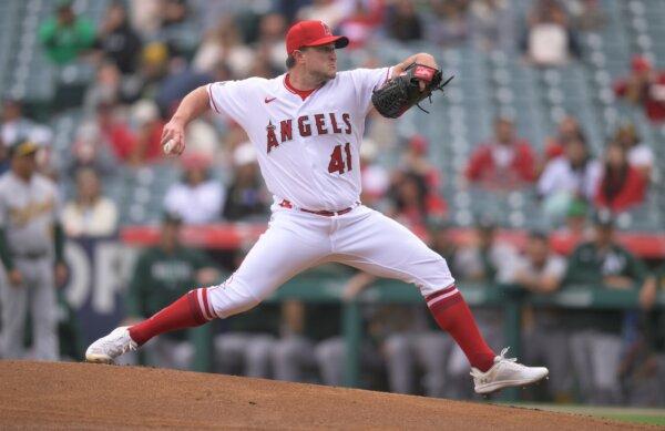 Los Angeles Angels starting pitcher Carson Fulmer (41) delivers during the first inning of a baseball game against the Oakland Athletics in Anaheim, Calif., on Oct. 1, 2023. (John McCoy/AP Photo)