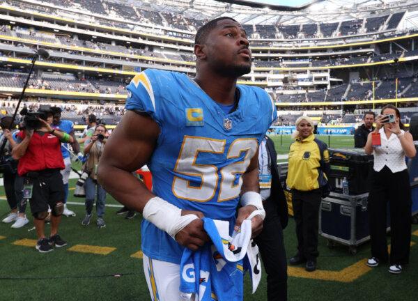 Khalil Mack (52) of the Los Angeles Chargers celebrates after a win against the Las Vegas Raiders at SoFi Stadium in Inglewood, Calif., on Oct. 1, 2023. (Harry How/Getty Images)