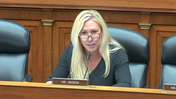 Rep. Marjorie Taylor Greene (R-Ga.) speaks at a House hearing on Sept. 28, 2023. (House Oversight Committee/Screenshot via NTD)