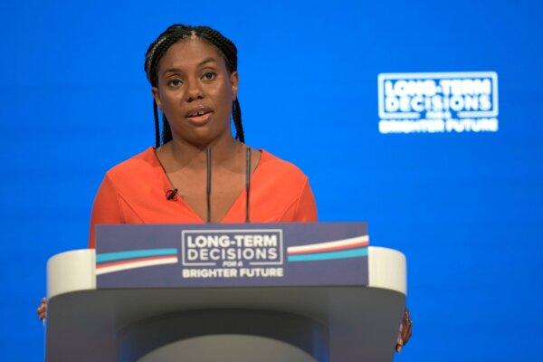 Kemi Badenoch speaks during the second day of the the Conservative Party Conference in Manchester, England, on Oct. 2, 2023. (Christopher Furlong/Getty Images)