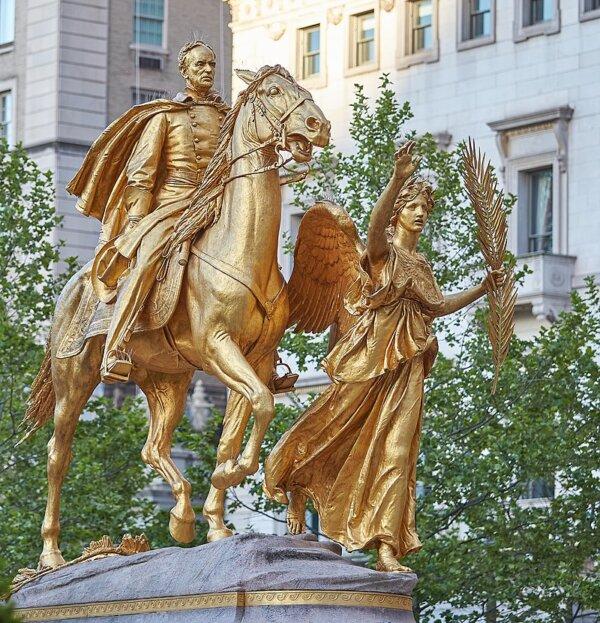 Equestrian statue of Gen. William Tecumseh Sherman accompanied by the allegorical figure Victory, 1902, by Augustus Saint-Gaudens. Grand Army Plaza, New York City. (Public Domain)