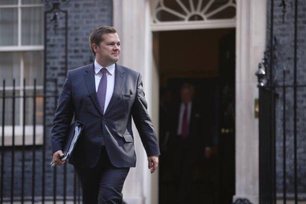 Minister for Immigration Robert Jenrick leaves a Cabinet meeting at 10 Downing Street in London on Sept. 5, 2023. (Dan Kitwood/Getty Images)
