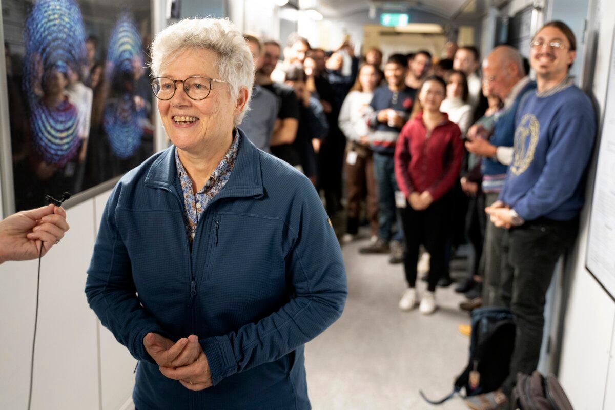 Nobel laureate Anne L'Huillier, who is one of this year's Nobel laureates in Physics, talks to journalists at Lund University in Lund, Sweden, on Oct. 3, 2023. (Ola Torkelsson/TT News Agency via AP)