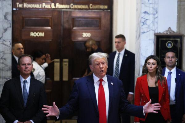 Former President Donald Trump speaks as he arrives for the second day of his civil fraud trial at New York State Supreme Court in New York on Oct. 3, 2023. (Michael M. Santiago/Getty Images)