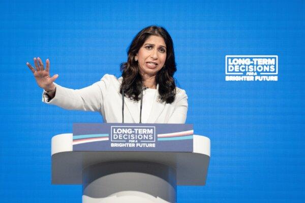 Home Secretary Suella Braverman delivers her keynote speech to the Conservative Party annual conference in Manchester on Oct. 3, 2023. (Stefan Rousseau/PA Wire)