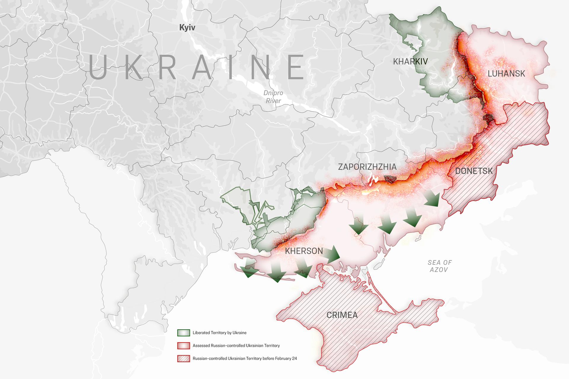 Une illustration montre les territoires libérés et ceux occupés par la Russie le long de la ligne de front au sud et à l'est de l'Ukraine. (Illustration par The Epoch Times, Shutterstock)