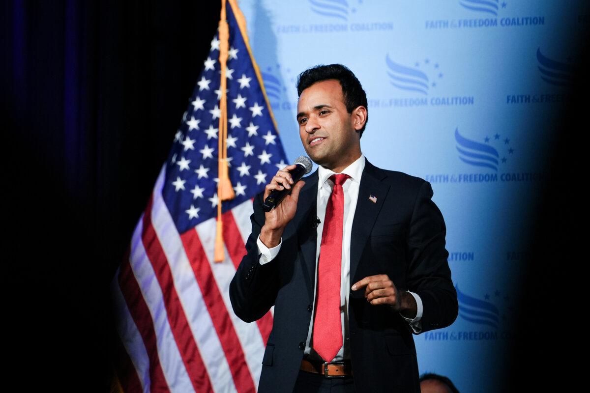 Republican presidential candidate Vivek Ramaswamy speaks at the Iowa Faith & Freedom Coalition in Clive, Iowa, on April 22, 2023. (Madalina Vasiliu/The Epoch Times)