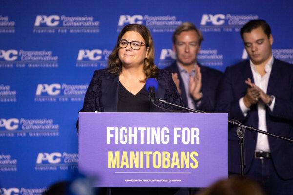 Manitoba Progressive Conservative leader Heather Stefanson announces her resignation as party leader during a speech at the PC election night party in Winnipeg on Oct. 3, 2023. (The Canadian Press/Daniel Crump)