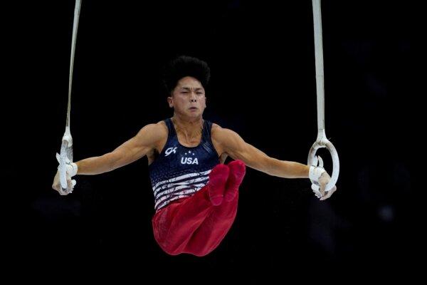 United States' Yul Moldauer competes on the rings during the Artistic Gymnastics World Championships in Antwerp, Belgium, on Oct. 3, 2023. (AP Photo/Virginia Mayo)