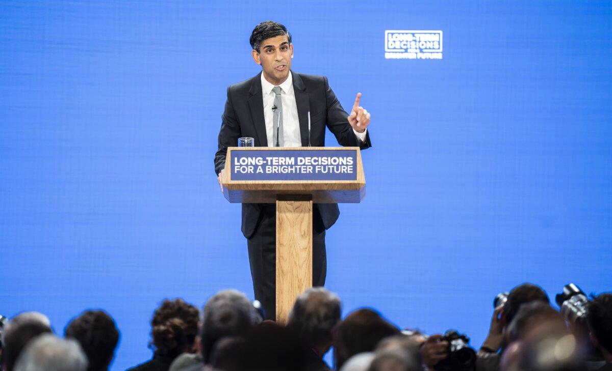 Prime Minister Rishi Sunak delivers his keynote speech at the Conservative Party annual conference at Manchester Central convention complex on Oct. 4, 2023. (Danny Lawson/PA Wire)