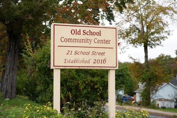 A street sign outside the future Old School Community Center in Otisville, N.Y., on Oct. 4, 2023. (Cara Ding/The Epoch Times)