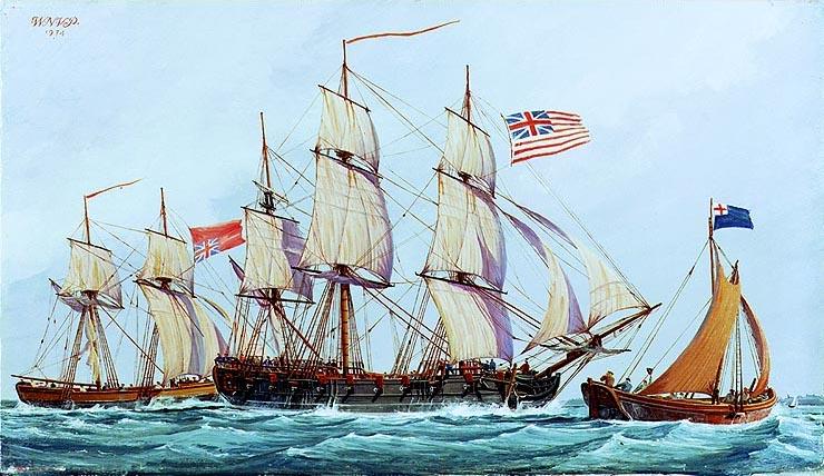The first USS Lexington was a brig purchased in 1776. The Lexington was an 86-foot two-mast wartime sailing ship for the fledgling Continental Navy during the American Revolutionary War. (Public Domain)