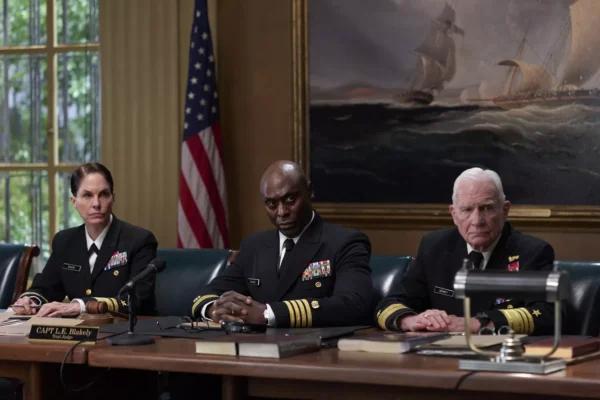 (L–R): Rear Adm.<span style="color: #ff0000;"><strong> </strong></span>Lucille Stutz (Stephanie Erb), Capt. Luther Blakely, head judge (Lance Reddick), and Vice Adm. R.T. Dewey (Dale Dye), in "The Caine Mutiny Court-Martial." (Marc Carlini/Paramount+with Showtime)