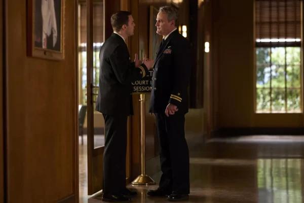 Lt. Stephen Maryk (Jake Lacy, L) and Naval aviator Lt. Barney Greenwald (Jason Clarke), in "The Caine Mutiny Court-Martial." (Marc Carlini/Paramount+with Showtime)