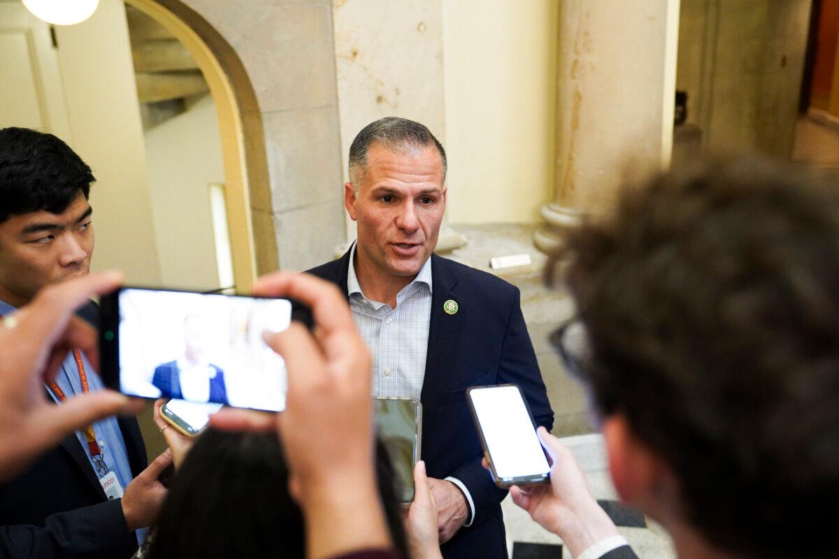 Rep. Marcus Molinaro (R-N.Y.) speaks to reporters in Washington on Oct. 4, 2023. (Madalina Vasiliu/The Epoch Times)