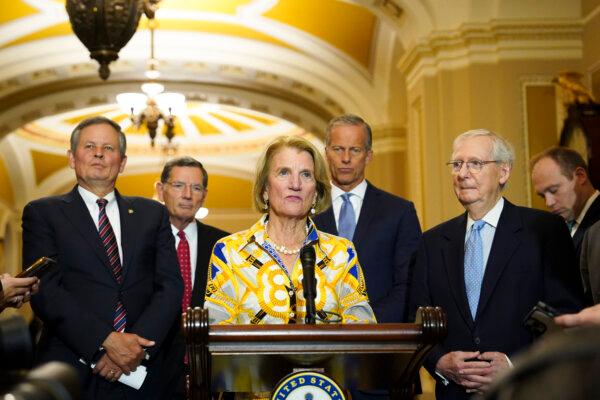 Sen. Shelley Moore Capito (R-W.V.) speaks to reporters in Washington on Oct. 4, 2023. (Madalina Vasiliu/The Epoch Times)