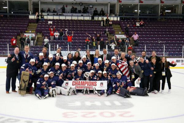 Team USA celebrates the 6–3 win over Canada during the gold medal game of the 2023 IIHF Women's World Championship at CAA Centre in Brampton, Ontario, on April 16, 2023. (Dennis Pajot/Getty Images)