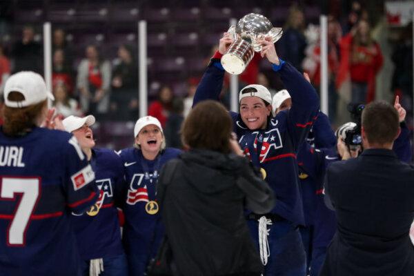 Team USA celebrates the 6–3 win over Canada during the gold medal game of the 2023 IIHF Women's World Championship at CAA Centre in Brampton, Ontario, on April 16, 2023. (Dennis Pajot/Getty Images)
