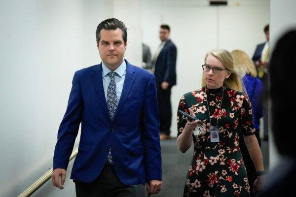 Rep. Matt Gaetz (R-Fla.) leaves a House Republican caucus meeting at the U.S. Capitol in Washington, on Oct. 3, 2023. (Drew Angerer/Getty Images)