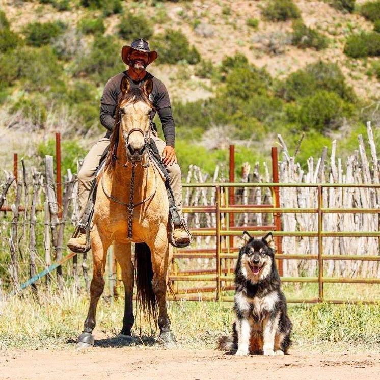 Matt Perella poses with his horse, Buck, and his dog, Raffe, in Gisela, Ariz., on May 18, 2023. (Courtesy of Matt Perella)