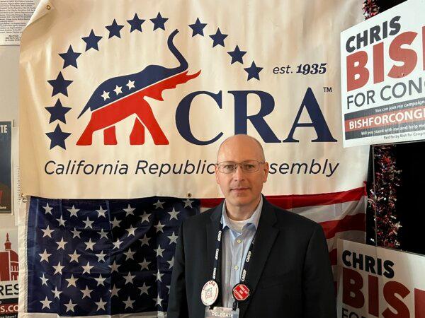 Carl Brickey, president of the California Republican Assembly, at the group's booth at the 2023 California GOP convention in Anaheim, Calif., on Sept. 30, 2023. (Brad Jones/The Epoch Times)